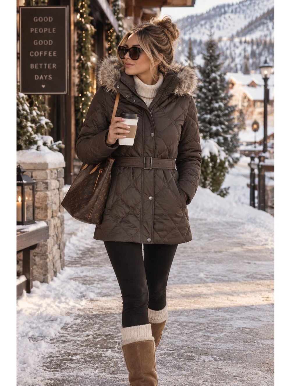 Lands’ End Women’s M Brown Down Puffer Coat Belted Faux Fur Hood Quilted